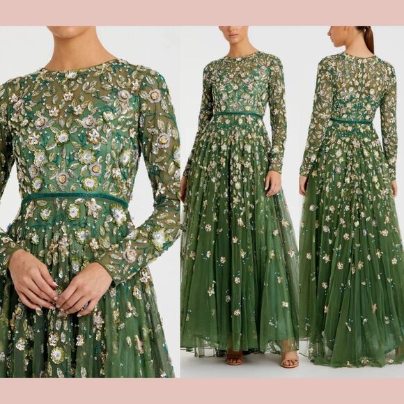 NWT Mac Duggal [ 22 ] 5533 Embellished High Neck Long Sleeve A Line Gown‎ Sage - Picture 1 of 16